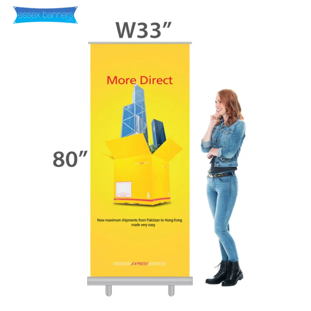 Roller banner size in inches compared to standard lady in height