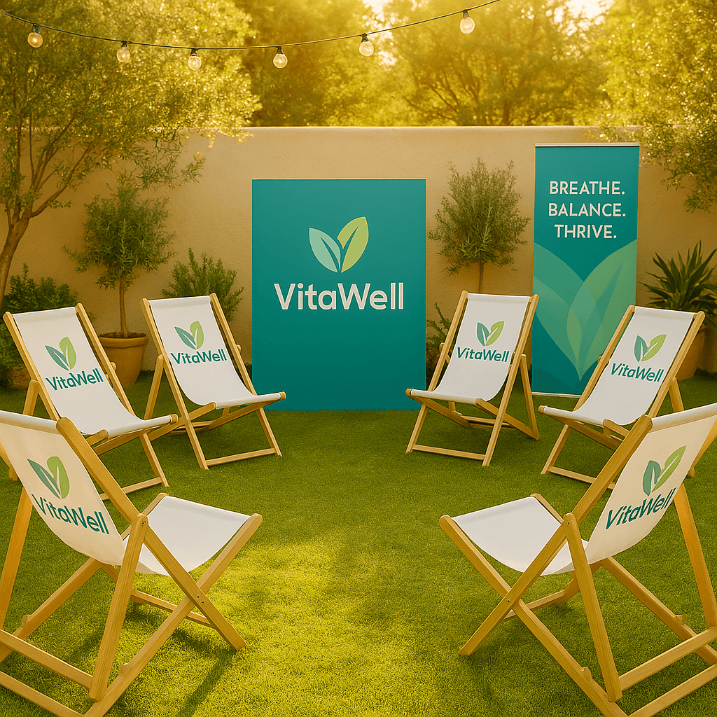 Printed deckchairs at a event