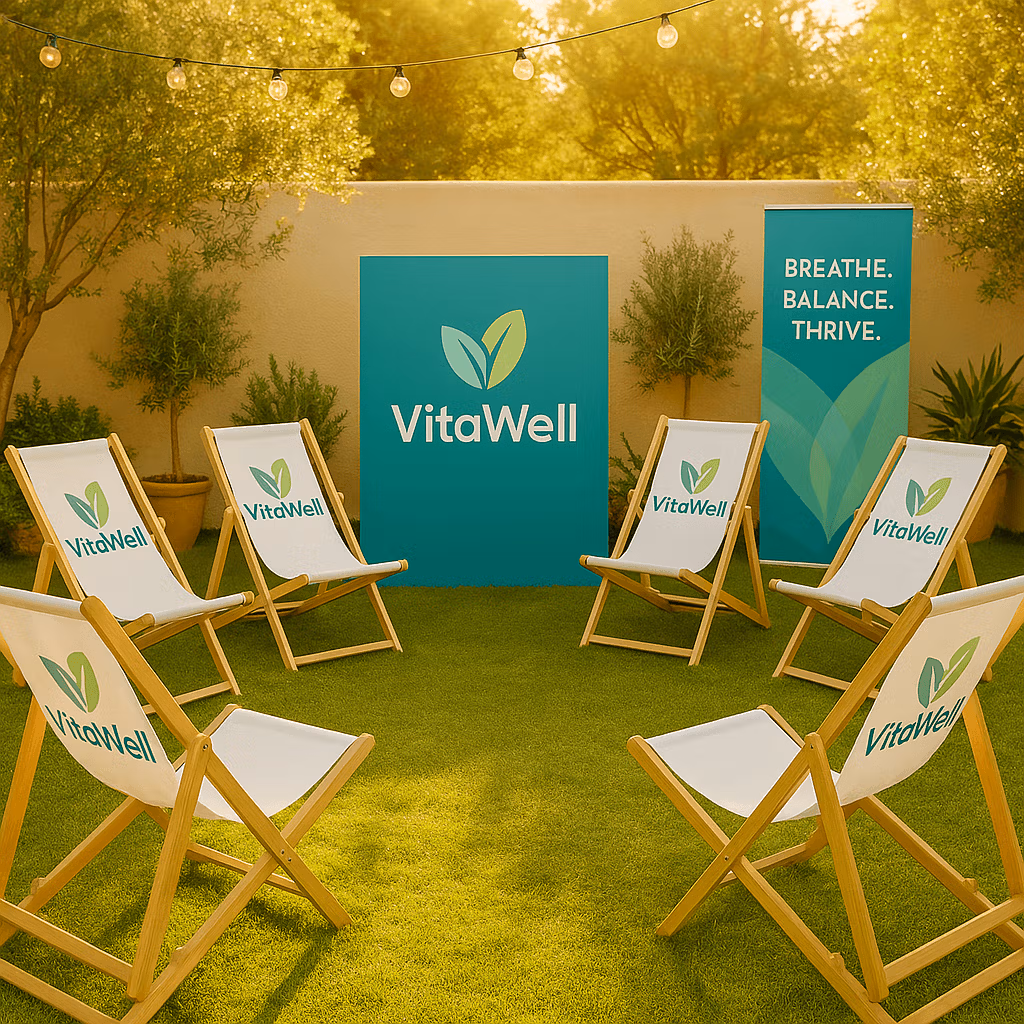 Printed deckchairs at a event