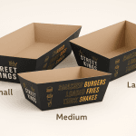 Custom branded nested food tray – small, medium, large sizes.