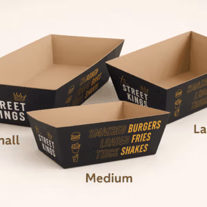 Custom branded nested food tray – small, medium, large sizes.
