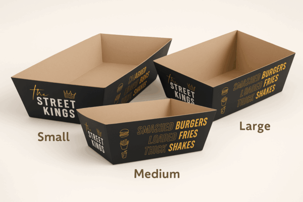 Custom branded nested food tray – small, medium, large sizes.