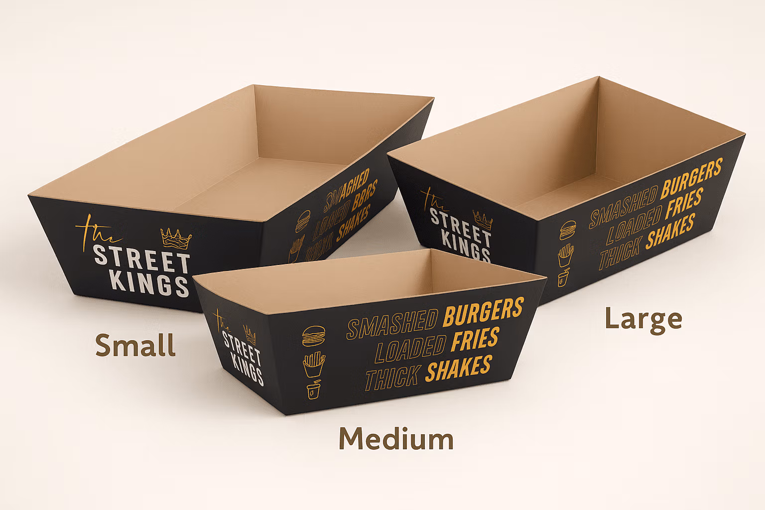 Custom branded nested food tray – small, medium, large sizes.