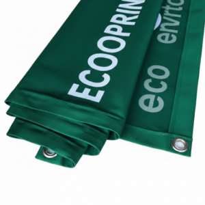 Close up of premium stretch polyester cloth banner showing high-quality hemming and metal eyelets.