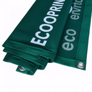 Close up of premium stretch polyester cloth banner showing high-quality hemming and metal eyelets.