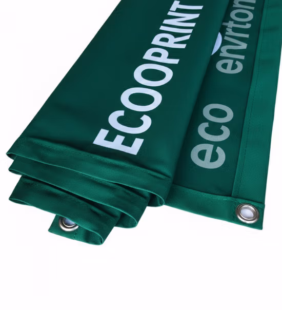 Close up of premium stretch polyester cloth banner showing high-quality hemming and metal eyelets.
