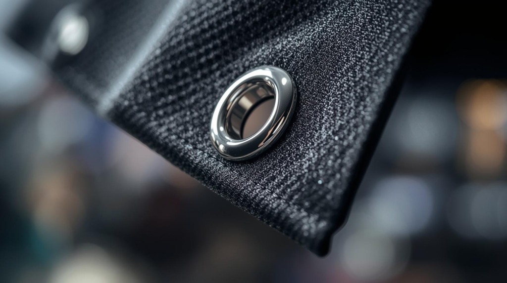 Close up of silver metal eyelets and hemmed edges on a heavy-duty vinyl banner.