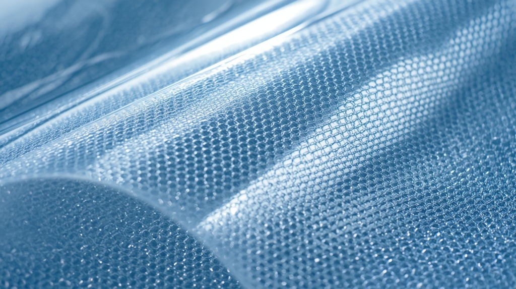 Close up view of the internal polyester mesh scrim of a 550gsm PVC banner.