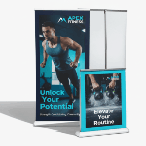 Side view of a double sided exhibition banner showing the two separate graphic panels.