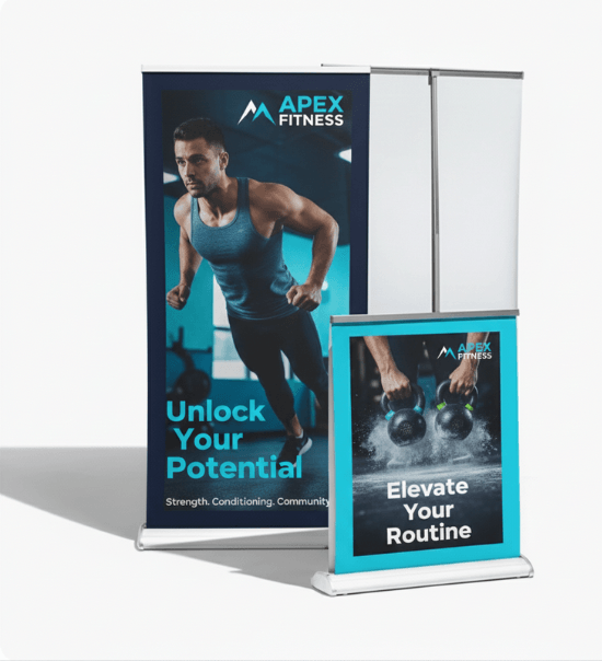 twin-sided-pull-up-banner-profile-view.jpg Side view of a double sided exhibition banner showing the two separate graphic panels.