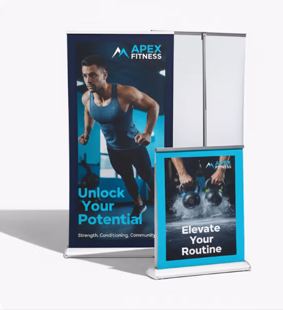 Side view of a double sided exhibition banner showing the two separate graphic panels.