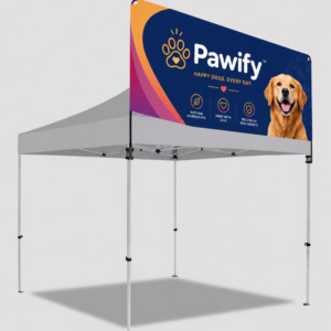 Custom printed gazebo sky banner mounted on 3m pop-up gazebo at outdoor event