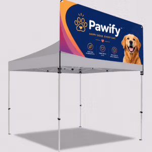 Custom printed gazebo sky banner mounted on 3m pop-up gazebo at outdoor event