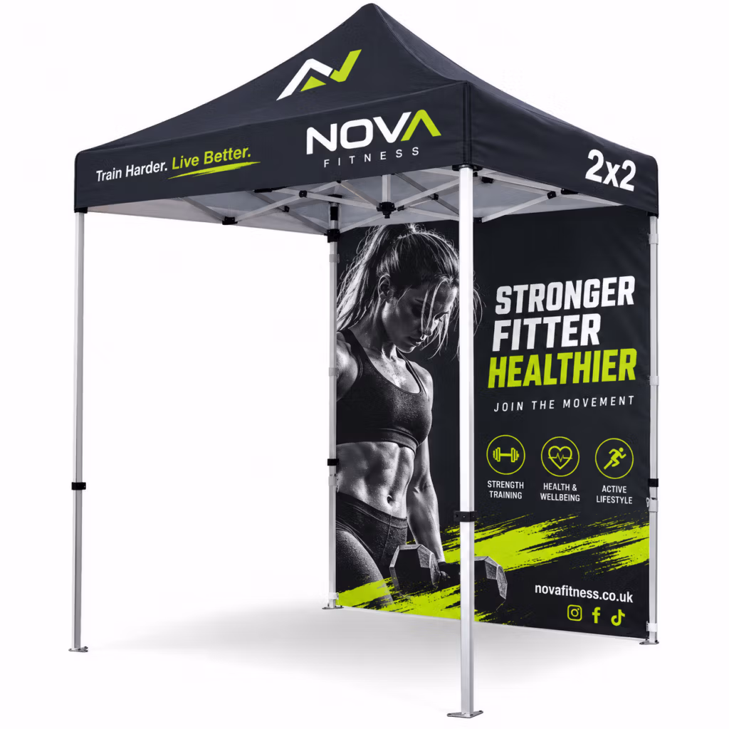 Compact pop up gazebo 2x2 with printed double-sided walls