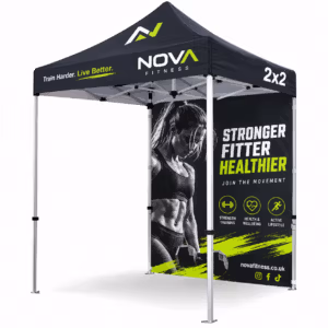 Compact pop up gazebo 2x2 with printed double-sided walls