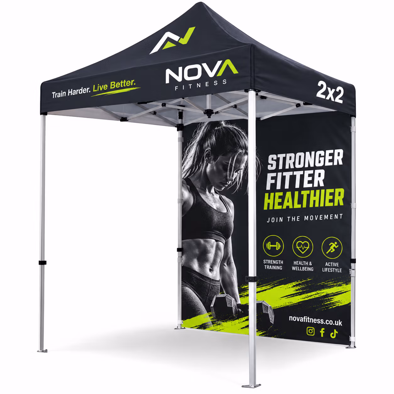 Compact pop up gazebo 2x2 with printed double-sided walls