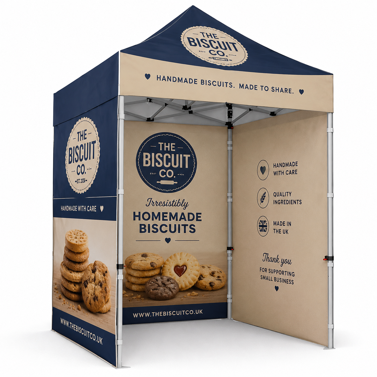 Small business market stall using 2m x 2m custom printed gazebo Small business market stall using 2m x 2m custom printed gazebo